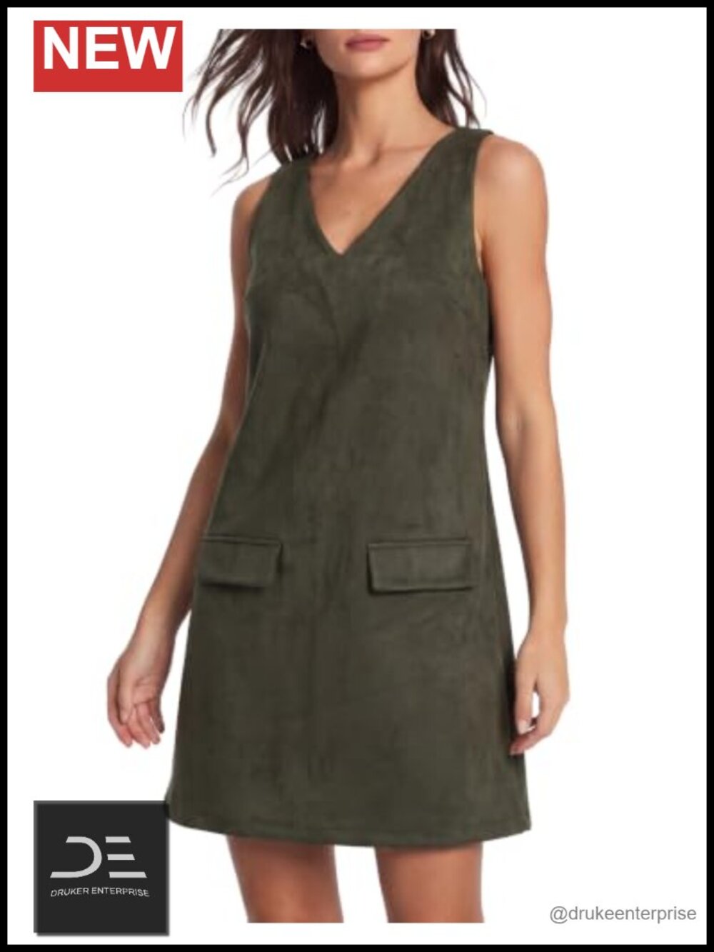 Faux Suede V Neck Pinafore Mini Dress Sleeveless A-Line